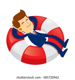 Vector stock of a businessman with a happy face sleeping on floating life buoy