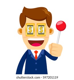 Vector stock of a businessman holding a lever with eyes like a slot machine