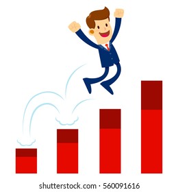 Vector stock of a businessman jumping in joy on raising sales charts, successful business concept