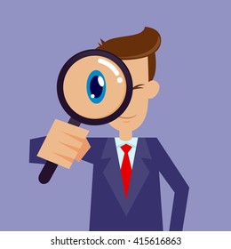 Vector stock of businessman looking through magnifying glass, focusing