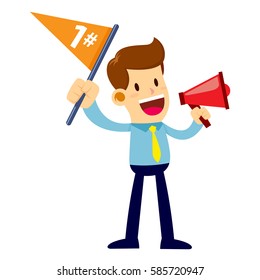 Vector stock of a businessman shouting through loudspeaker while waving number one flag