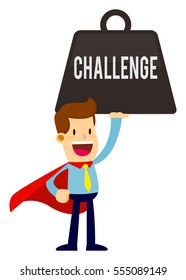 Vector stock of a businessman smiling in super hero cape lifting heavy challenge
