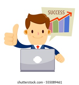 Vector stock of a businessman with a successful sales chart doing thumbs up while working behind his laptop