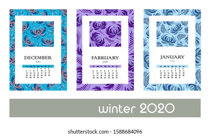 Vector stock calendar on a floral bright background from stylized flowers for 2020. Set of 3 stylish calendars for the winter months: December, January and February. Week starts from Sunday.