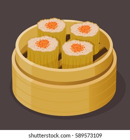 Vector stock of Chinese dim sum steamed shumai with fish roe on bamboo basket

