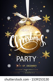 Vector stock Christmas Party Happy New Year traditional classic design template. Golden balls with ribbon bow, christmas ball, stars, fir tree branches isolated on red Vector illustration