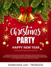 Vector stock Christmas Party Happy New Year traditional classic design template. Jingle golden bells with ribbon bow, christmas ball, stars, fir tree branches isolated on red Vector illustration EPS10