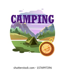 Vector stock circle emblem with mountain view, forest, deer, green tent and compass on the foreground. Composition for camping, hiking, travelling, tourism.