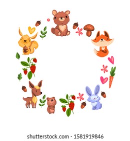 Vector stock circle frame with forest baby animals. Cute deer, squirrel, bear, fox, rabbit, mushrooms, beaver, flowers and leaves. Nursery illustration isolated on white in cartoon style.