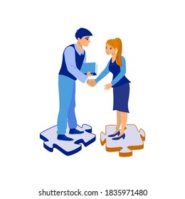 Vector, stock, color illustration of people, Man and woman shaking hands with each other and standing on puzzles. Partnership, team, like-minded people, acquaintance, friendliness.
