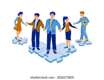 Vector, stock, color illustration of people, Man and woman shaking hands with each other and standing on puzzles. Partnership, team, like-minded people, acquaintance, friendliness.