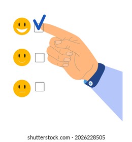 Vector, stock, color illustrations, square format of value in work. Male hands choosing the positive button. Emotion smilies. Customer orientation, friendliness, trust, teamwork in business.