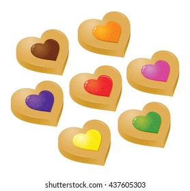 Vector stock of colorful heart shaped cookies with fruity jelly filling