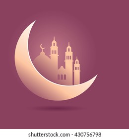 Vector stock of crescent moon with mosque silhouette islamic background