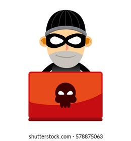 Vector stock of a criminal with mask working behind laptop