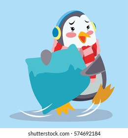 Vector stock of cute penguin carrying a pillow. Children illustration