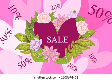 Vector stock Valentine’s Day sale banner with hearts, green branches, leaves and pink peonies. Romantic hand drawn illustration for beauty and flower shops, markets, landing pages.