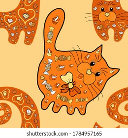 Vector - stock. Doodles cat are kitty on black, beige and orange colors. Seamless background pattern. Watercolor, hand drawn.