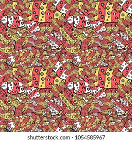Vector - stock. Doodles cute pattern. Nice background. Pink, black and yellow on colors. Seamless Beautiful fabric pattern. It can be used on wallpaper, mug prints, baby apparels, wrapping boxes etc.