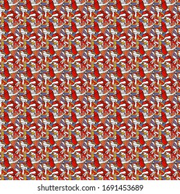 Vector - stock. Doodles cute pattern. Nice background. It can be used on wallpaper, mug prints, baby apparels, wrapping boxes etc. Black, red and white on colors. Seamless Beautiful fabric pattern.