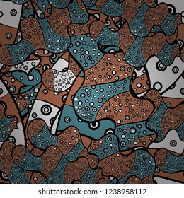 Vector - stock. Doodles on black, brown and blue colors. Watercolor, hand drawn. Seamless background pattern.