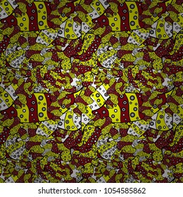 Vector - stock. Doodles on yellow, black and red colors. Seamless background pattern. Watercolor, hand drawn.