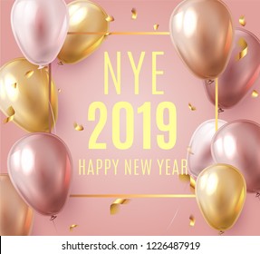 Vector stock elegant pink balloon party happy new year celebration festival background. NYE 2019 confetti greeting background with helium shine gold and pink balloon. Rich, VIP, luxury.