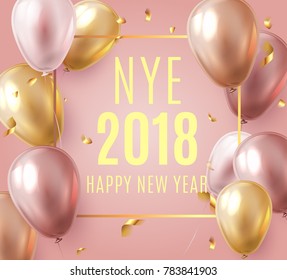 Vector stock elegant pink balloon party happy new year celebration festival background. NYE 2018 confetti greeting background with helium shine gold and pink balloon. Rich, VIP, luxury.