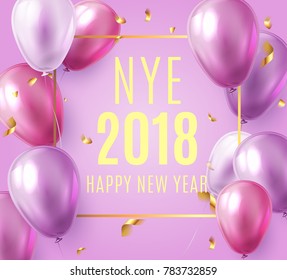 Vector stock elegant purple violet balloon party happy new year celebration festival background. NYE 2018 confetti greeting background with helium shine gold and pink balloon. Rich, VIP, luxury.