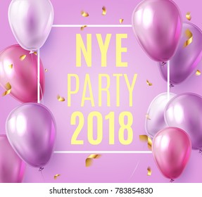 Vector stock elegant purple violet balloon party happy new year celebration festival background. NYE 2018 confetti greeting background with helium shine gold and pink balloon. Rich, VIP, luxury.