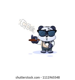 Vector stock Emoji character cartoon cool happy life, successful wealth riches businessman panda cub bamboo bear Chinese symbol sticker emoticon business suit sunglasses smoking cigar smoke rings