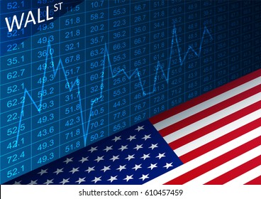 Vector stock exchange chart and american flag. Data analyzing in trading market on Wall Street. Working set for analyzing financial statistics and analyzing a market data. 