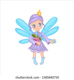 Vector stock fairy with small crown and violet hair holding pot with a flower in her arms. Little princess in cartoon style isolated on white. For nursery posters, prints, t-shirts, books for kids