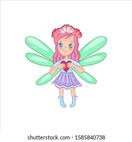 Vector stock fairy with wreath and green wings holding red heart in her arms. Little elf in cartoon style isolated on white. For nursery posters, prints, t-shirts, books for kids, etc. 