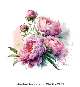 Vector stock flower illustration, Pink peony on a white background. Watercolor style