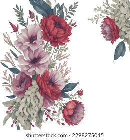 Vector stock flower illustration, red and green leafs peony on a white background. Watercolor style