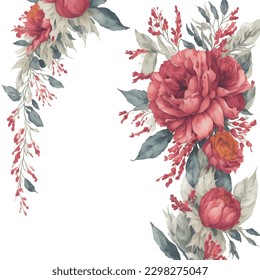Vector stock flower illustration, red and green leafs peony on a white background. Watercolor style