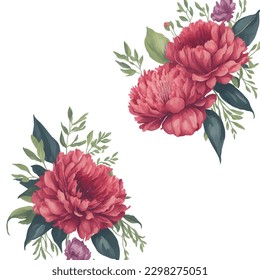 Vector stock flower illustration, red and green leafs peony on a white background. Watercolor style