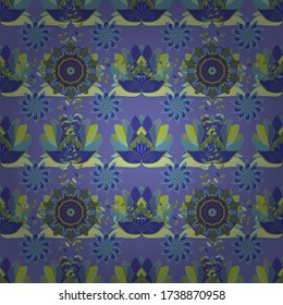 Vector - stock. Flores con hojas y camomila con flores de maíz en colores violeta, azul y neutro. Patrón de fondo sin inconvenientes.