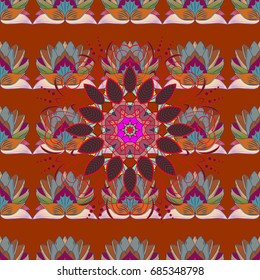 Vector - stock. Flowers with leaves and chamomile with cornflowers on colorful background. Seamless background pattern.