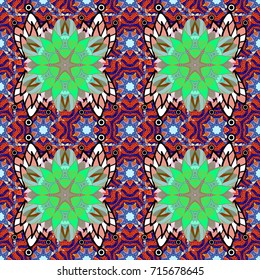 Vector - stock. Flowers with leaves and chamomile with cornflowers on neutral, blue and orange background. Seamless background pattern.