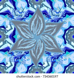 Vector - stock. Flowers with leaves and chamomile with cornflowers on blue, neutral and white colors. Seamless background pattern.
