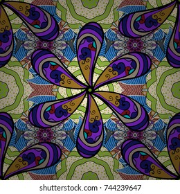 Vector - stock. Flowers with leaves and chamomile with cornflowers on black, beige and blue colors. Seamless background pattern.