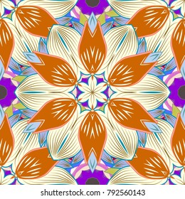 Vector stock. Flowers on neutral, orange and blue. Watercolor, hand drawn. Seamless background pattern.