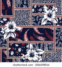 vector stock flowers with seamless leaves paisley and leopard pattern on bandanna navy background