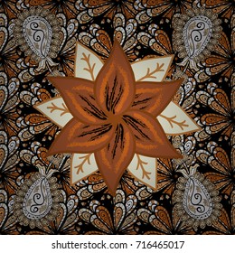 Vector - stock. Flowers of the valley on black, brown and orange colors. Seamless background pattern. Watercolor, hand drawn.