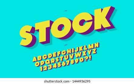 Vector stock font 3d bold style for party poster, kids book, t shirt, flier, decoration, card, sale banner, printing on fabric, industrial. Cool typeface. Trendy alphabet. 10 eps