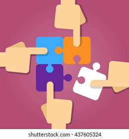 Vector stock of four hands putting puzzle pieces together, teamwork concept