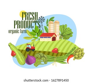 Vector stock fresh products concept. Illustration with village view, tractor and groceries. Label for farm food with vegetables, strawberry and fig in cartoon style isolated on white.