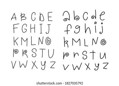 Vector stock funny cartoon hand drawn marker alphabet. Kid style drawing font and signs ABC outline and in different colors. Upper and lower case hipster font. 